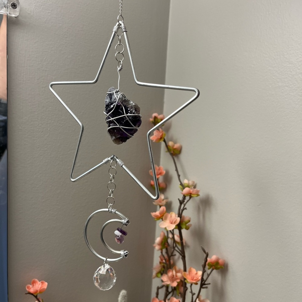 Handmade sun catcher - star and moon with natural stone
